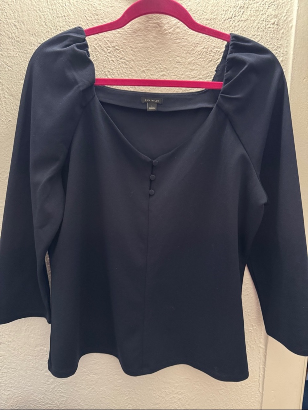 Ann Taylor Black Puff-Sleeve V-Neck Blouse with Button Detail